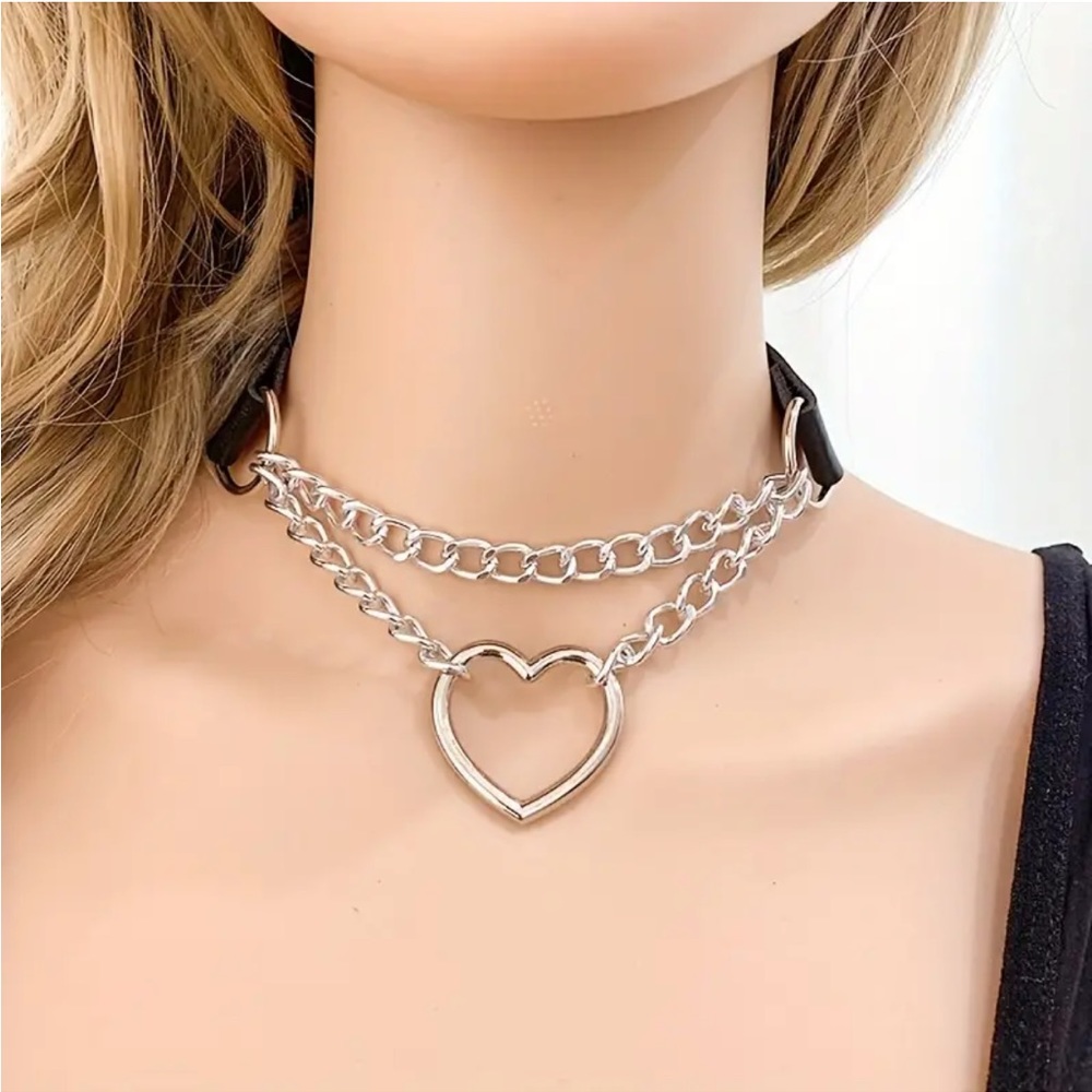 Heart Charm PU Leather Choker Necklace Gothic Clavicle Chain